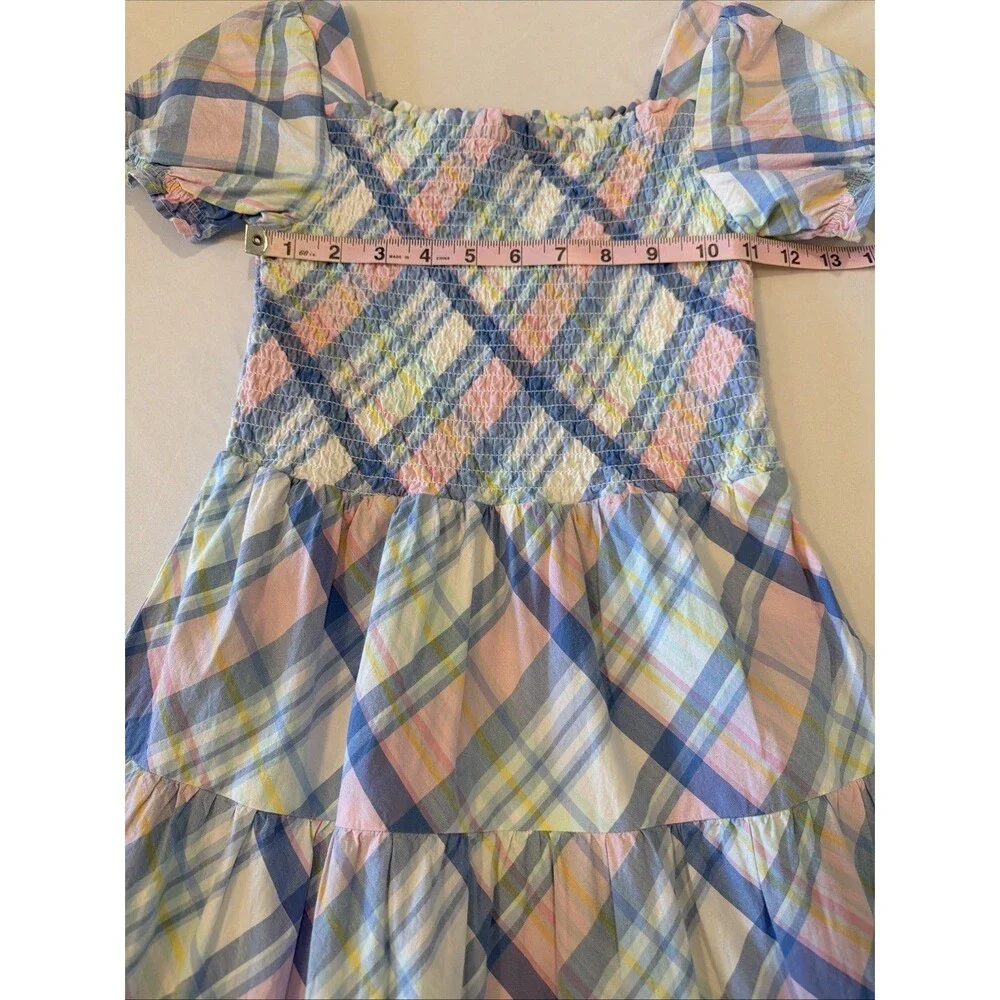 Gymboree Pastel Plaid Smocked Dress Girls Sz 12 100% Cotton Pink Blue Preppy EUC